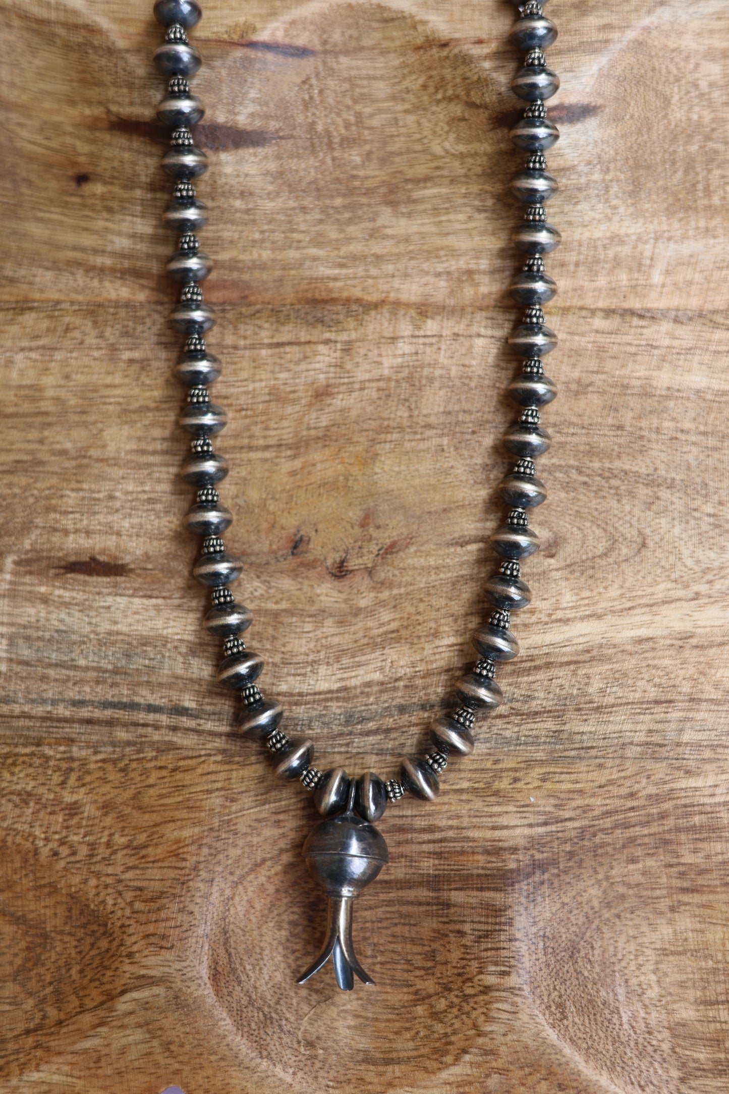 Judith Dixon High Grade Sterling Silver Squash Blossom & Saucer Pearl Necklace